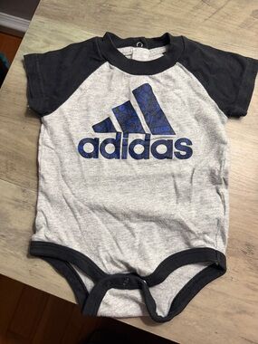 adidas Gray and Blue Logo Raglan Short-Sleeve Baby Bodysuit